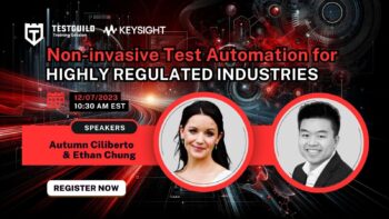 Webinar banner for "non-invasive test automation for highly regulated industries" featuring speakers autumn ciliberto and ethan chung, with a registration call-to-action.