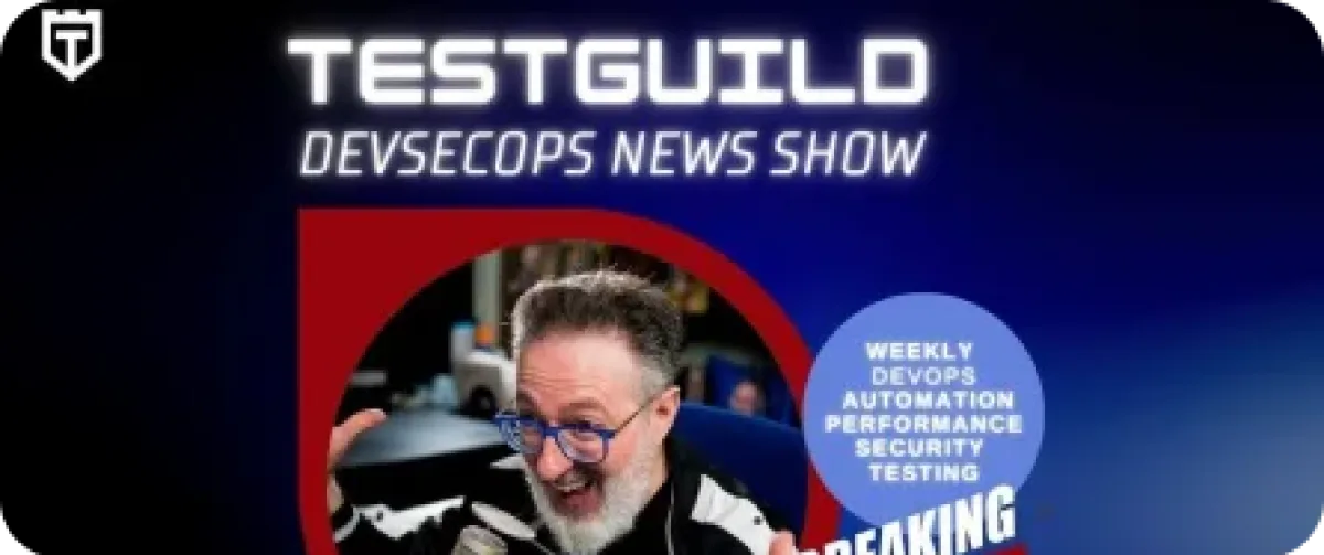 A podcast banner featuring a host for the "testguild devops news show" discussing weekly topics on devops, automation, performance, security, and testing.